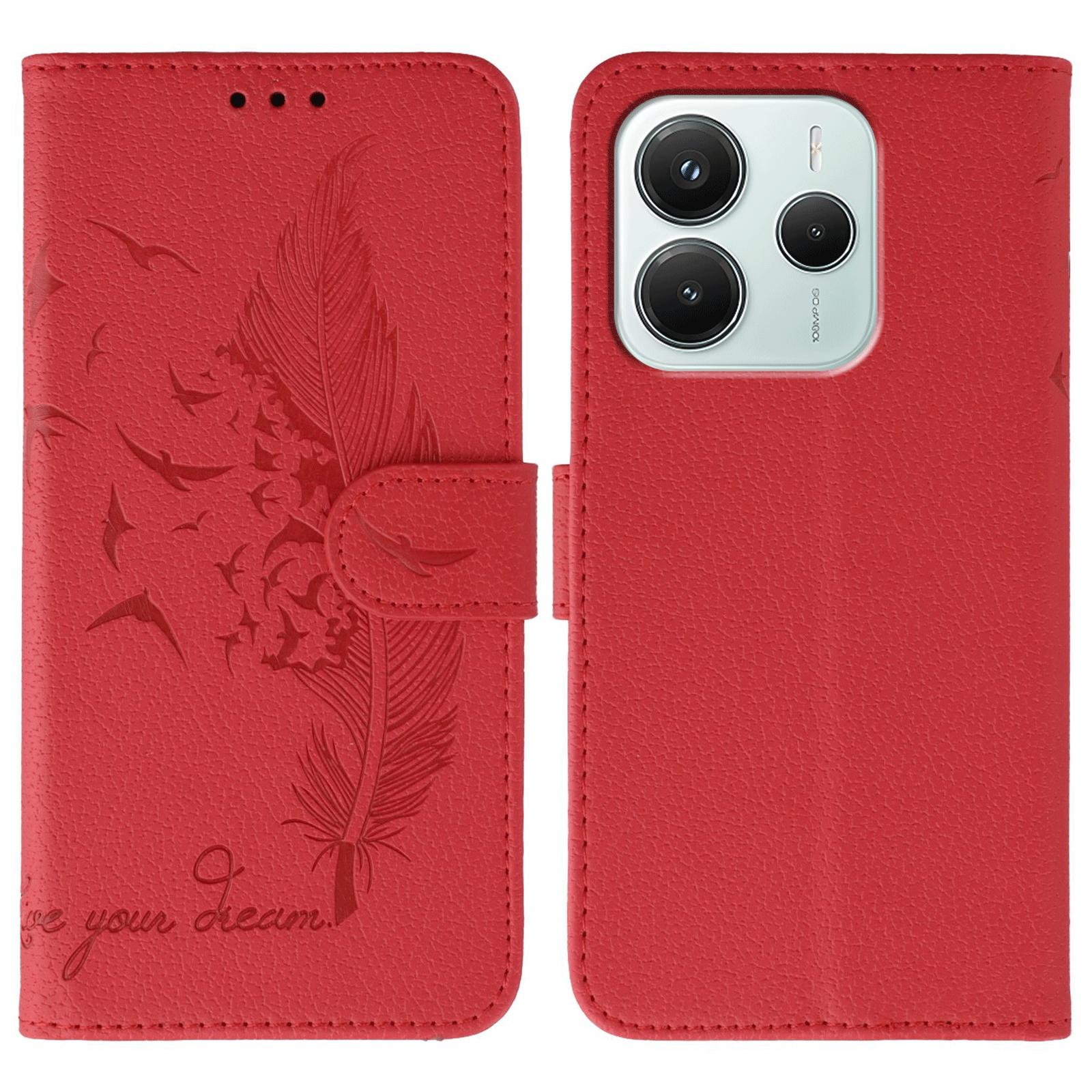 

For Xiaomi Redmi Note 14 5G/Poco M7 Pro 5G Case Feather Imprint PU Leather Wallet Phone Cover Red
