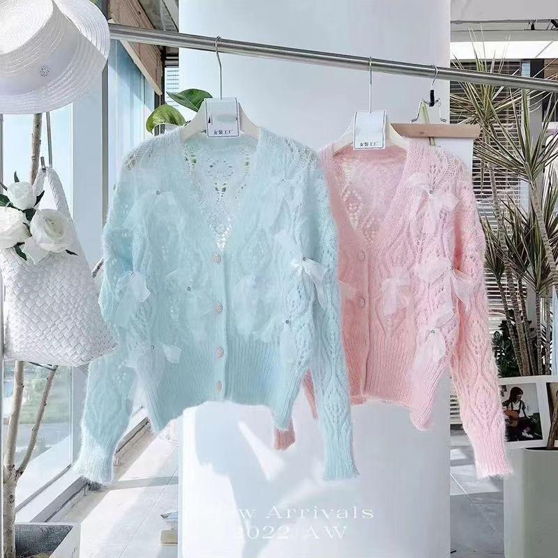 Sweet and gentle wind soft waxy sweater women's early autumn hollow bow knitted cardigan jacket long sleeve top