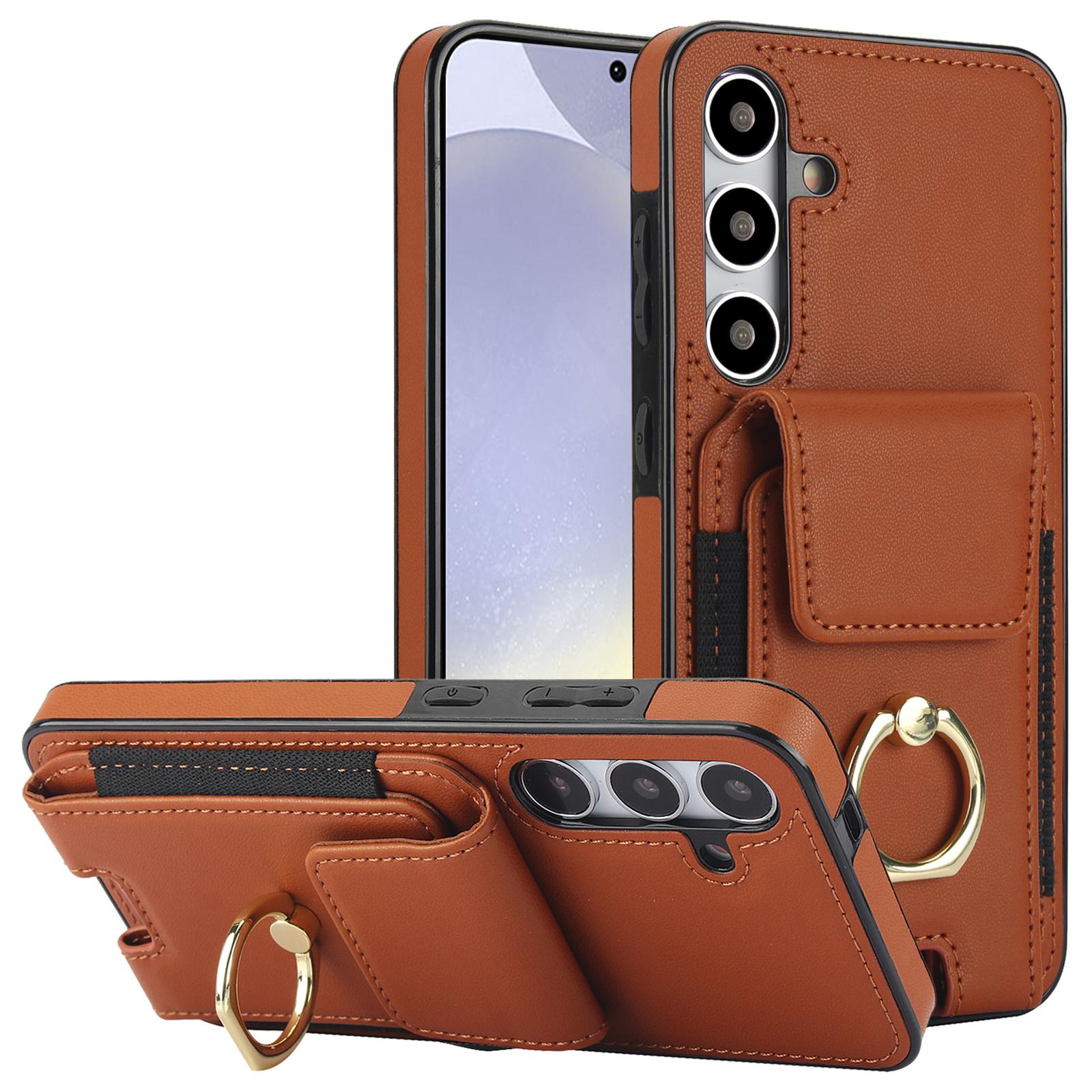 

For Samsung Galaxy S24 Case Leather Coated TPU Kickstand Card Holder Phone Cover Brown
