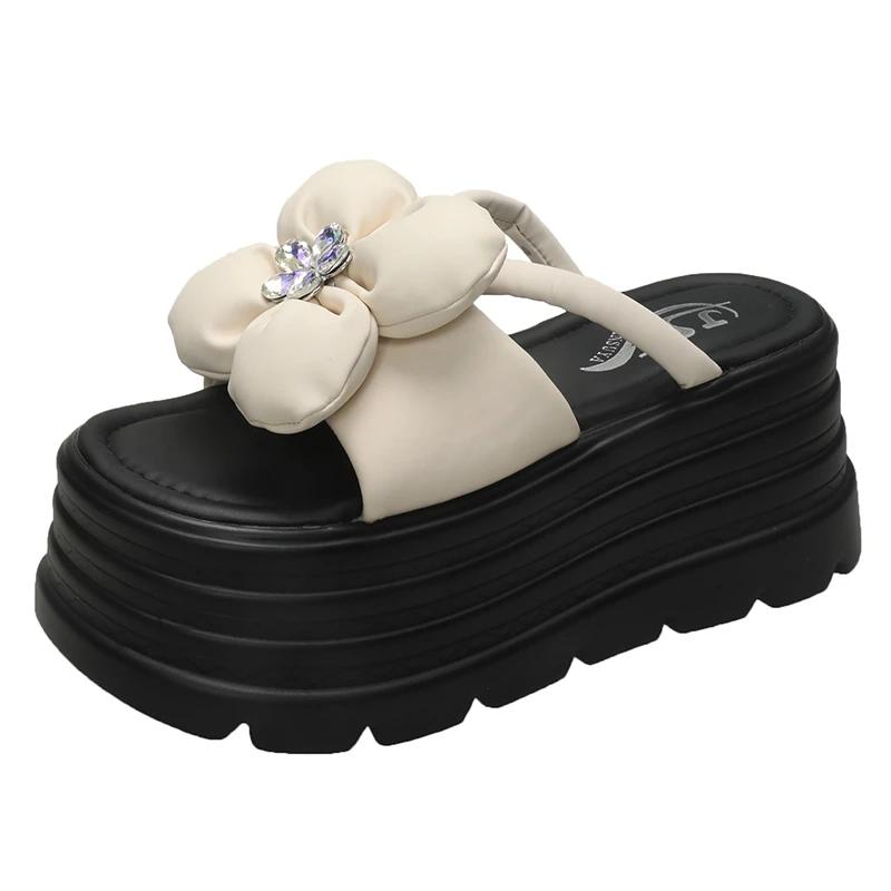 Fashion 8CM Platform Slippers Sandals Woman Bling Diamond Bowknot Thick Sole Slippers Women Chunky Flip Flops Summer Casual Beach Slides