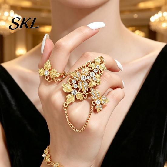 Girls Open Ring Rhinestone Flower Link Chain Ring, Bling Floral Leaf Full Finger Adjustable with Chain, Statement Hand Jewelry for Women Golden Plated