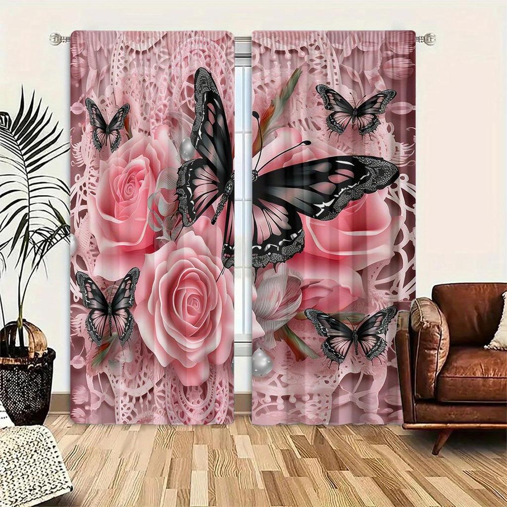 2 Pieces of Pink Floral Butterfly Printed Curtains, Pole Bag Bedroom and Living Room, Home Decoration, Room Decoration