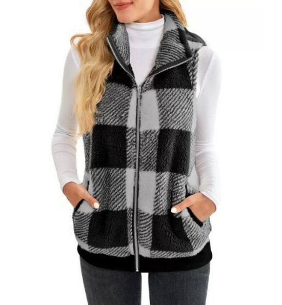 Γυναικείο Βαμβακερό Γιλέκο Καρό με Όρθιο Κολάρο και Φερμουάρ 2025 - Συλλογή Φθινόπωρο/Χειμώνας