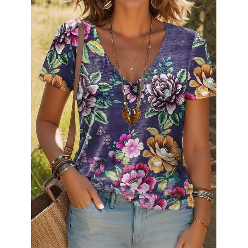 

Fashionable and Elegant Temperament 3D Retro Flower Print V-neck Long Sleeved Women s T-shirts 5XL