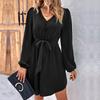 Chic Women Dresses Long Sleeve Lace Up V Neck Solid Color Spring All Match