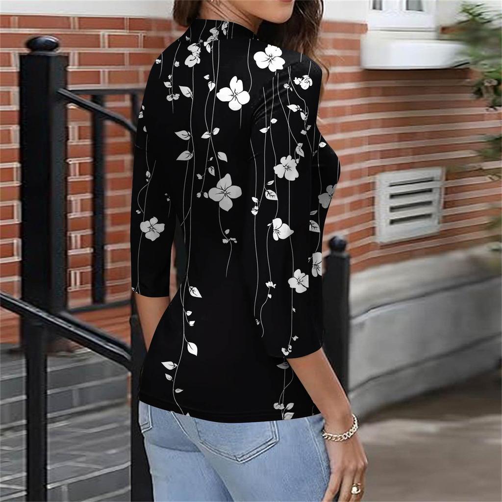 Dame T-skjorte Slim Fit Mote Casual Gradienttrykk Rund hals Pullover 3/4 Ermetopp