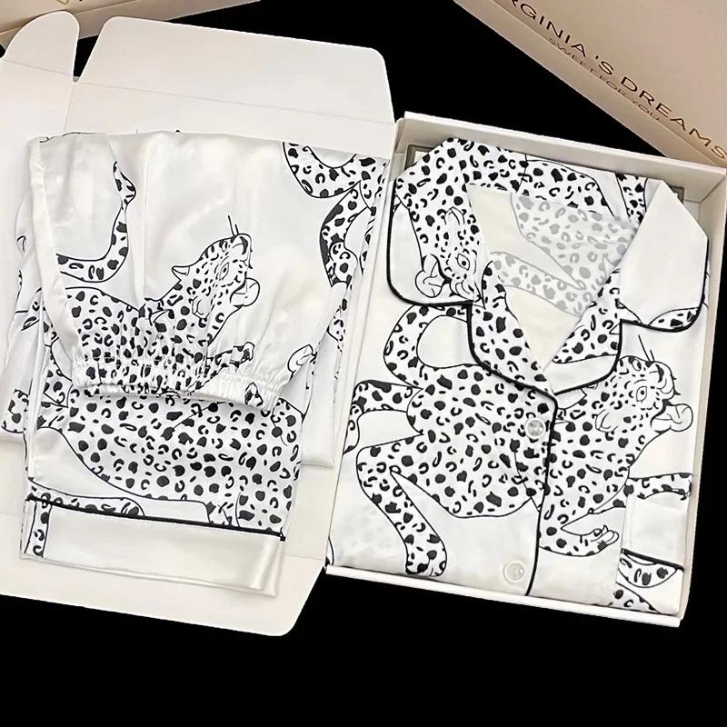 

Женская шелковая атласная пижама весна-лето простая черная пантера принт повседневные брюки с короткими рукавами тонкая пижама пижама для женщин 2XL