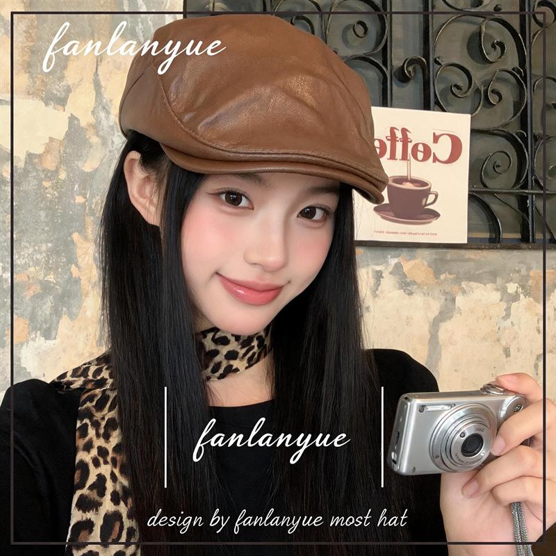 American retro street hat leather beret women's summer thin solid color casual versatile face small forward hat