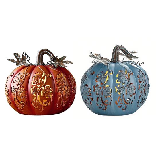 Halloween Pumpkin Light Hand-Carved Vine Hollow Decorative Lamp Resin Lighted Pumpkin with Flickering LED Candlelight Effect for Halloween