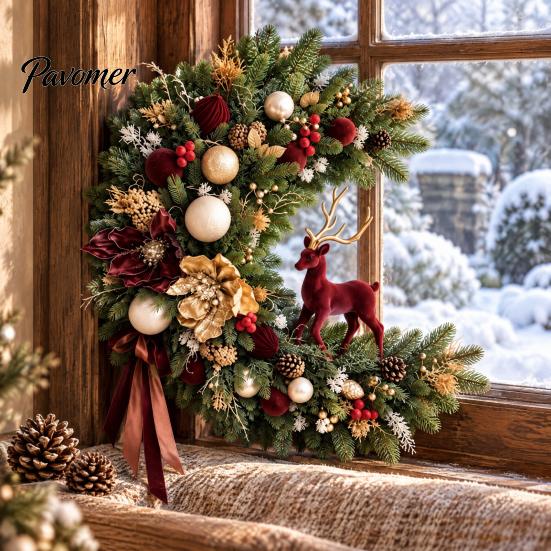 Luxurious Holiday Wreath for Entrance Flocked Christmas with Red Reindeer, Velvet Flocking Hanging Artificial Pine Durable Winter Porch Cones,