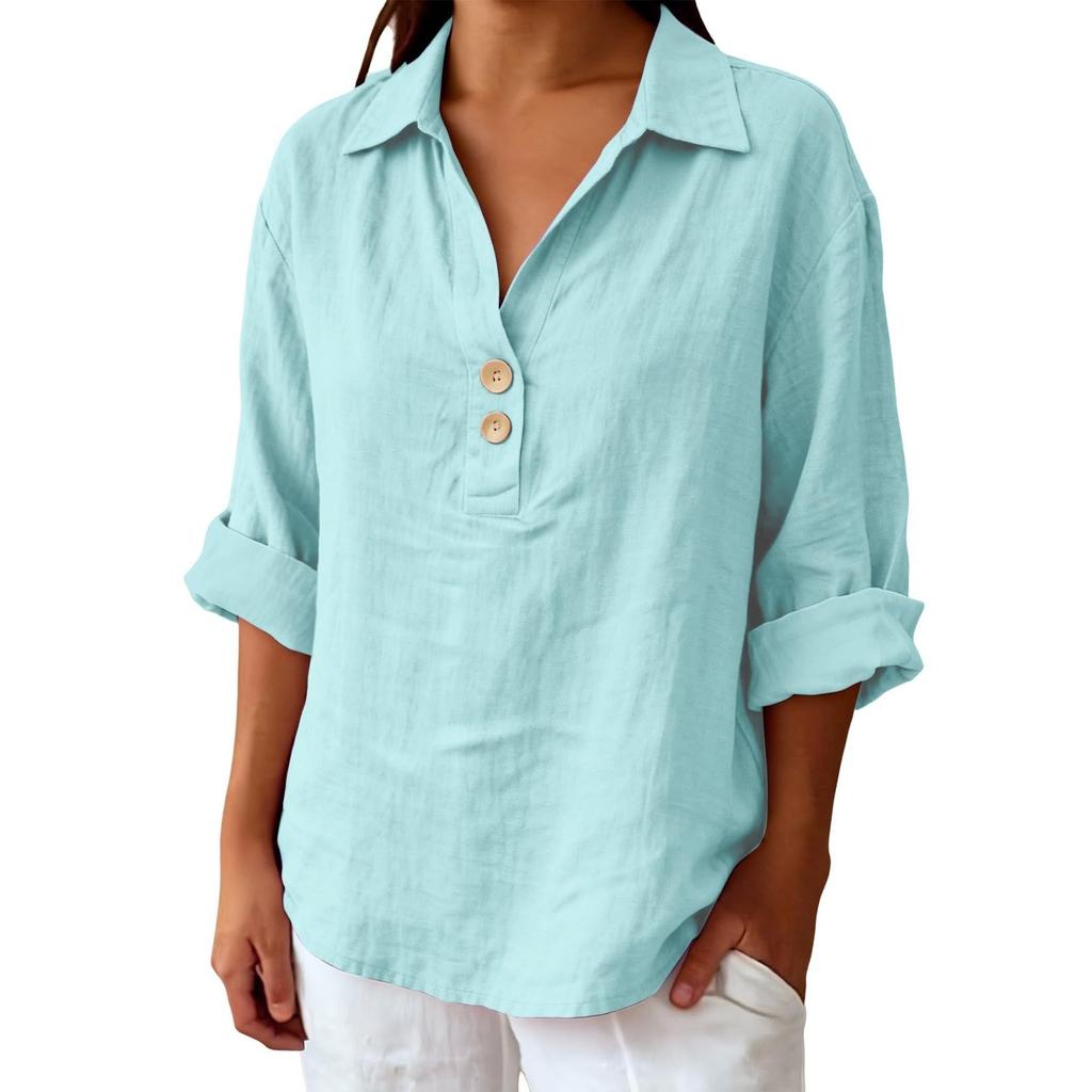Women's Shirt Seven-Sleeve Lapel Cotton Linen Top Solided Color Casual Breathable Lapel Shirt