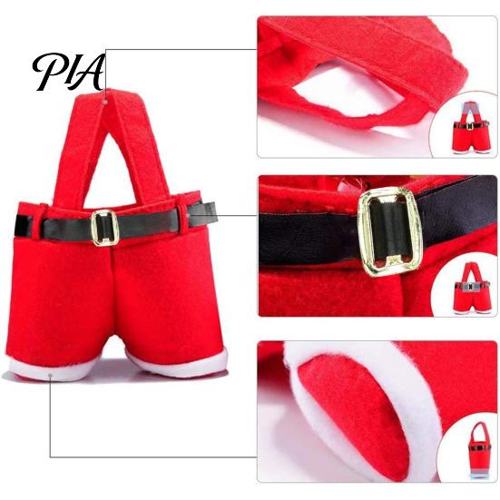 Reusable Fabric Gift Pouches Christmas Santa Pants Bag, Red Plush Candy Tote with Handles Novelty Present Wraps for Wine Bottle, Holiday Party