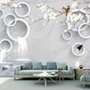 Papier Peint Marbre 3D Cascades Cercle Fleurs Oiseaux Murale Salon TV Canapé Chambre Fresque