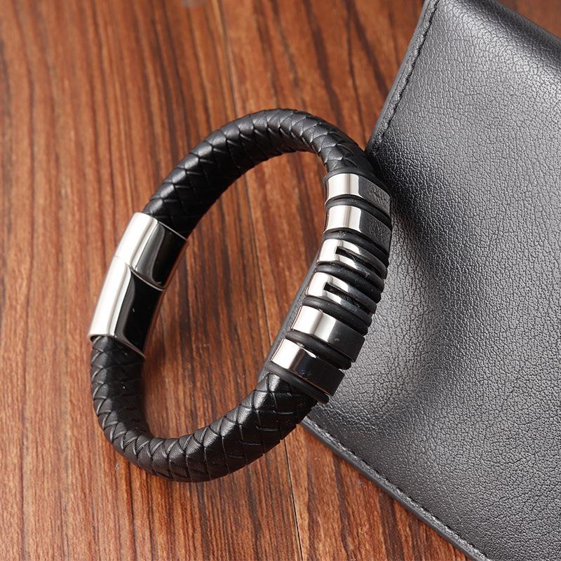 Men's Titanium Steel Braided Leather Bracelet Handmade Minimalist Leather Cuff Fashion Accessory