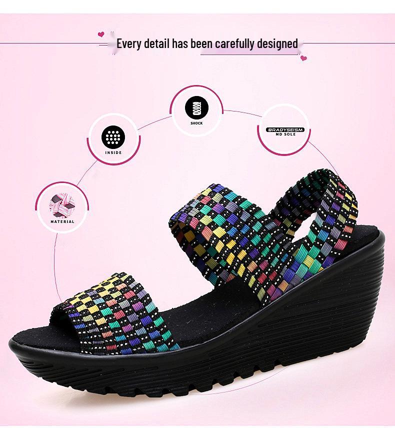 Damen-Sandalen mit gewebtem Elastikband - Frühling/Sommer 2020, Rutschfeste flache Schuhe mit niedrigem Keilabsatz, Komfort-Tanzschuhe