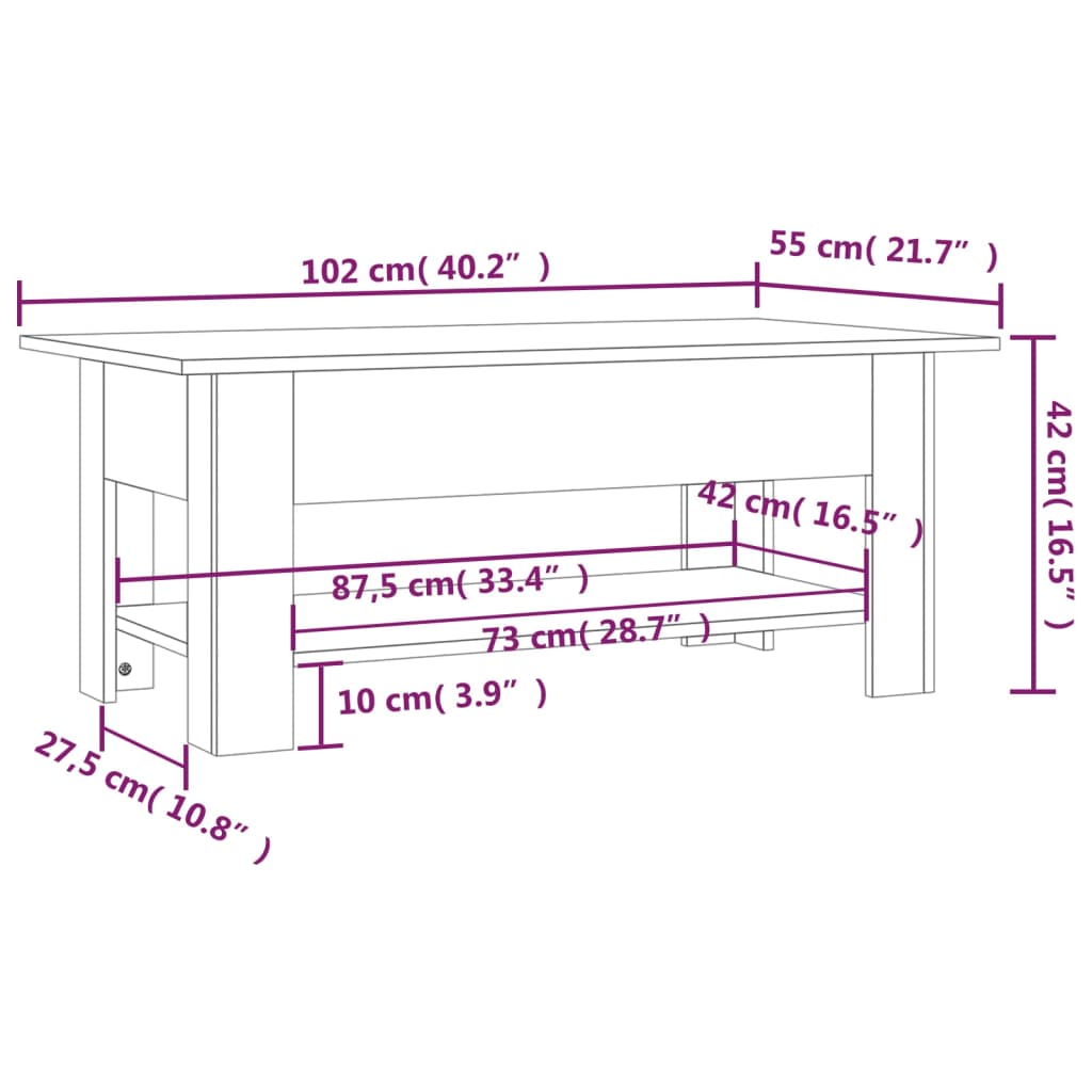 Vidaxl Coffee Table, White, 102X55X42 Cm, Wood-Based Material