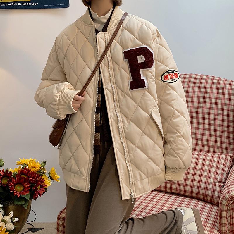 2025 New American Retro Down Padded Jacket Diamond Plaid Baseball Uniform Loose Jacket Women's Autumn and Winter Model