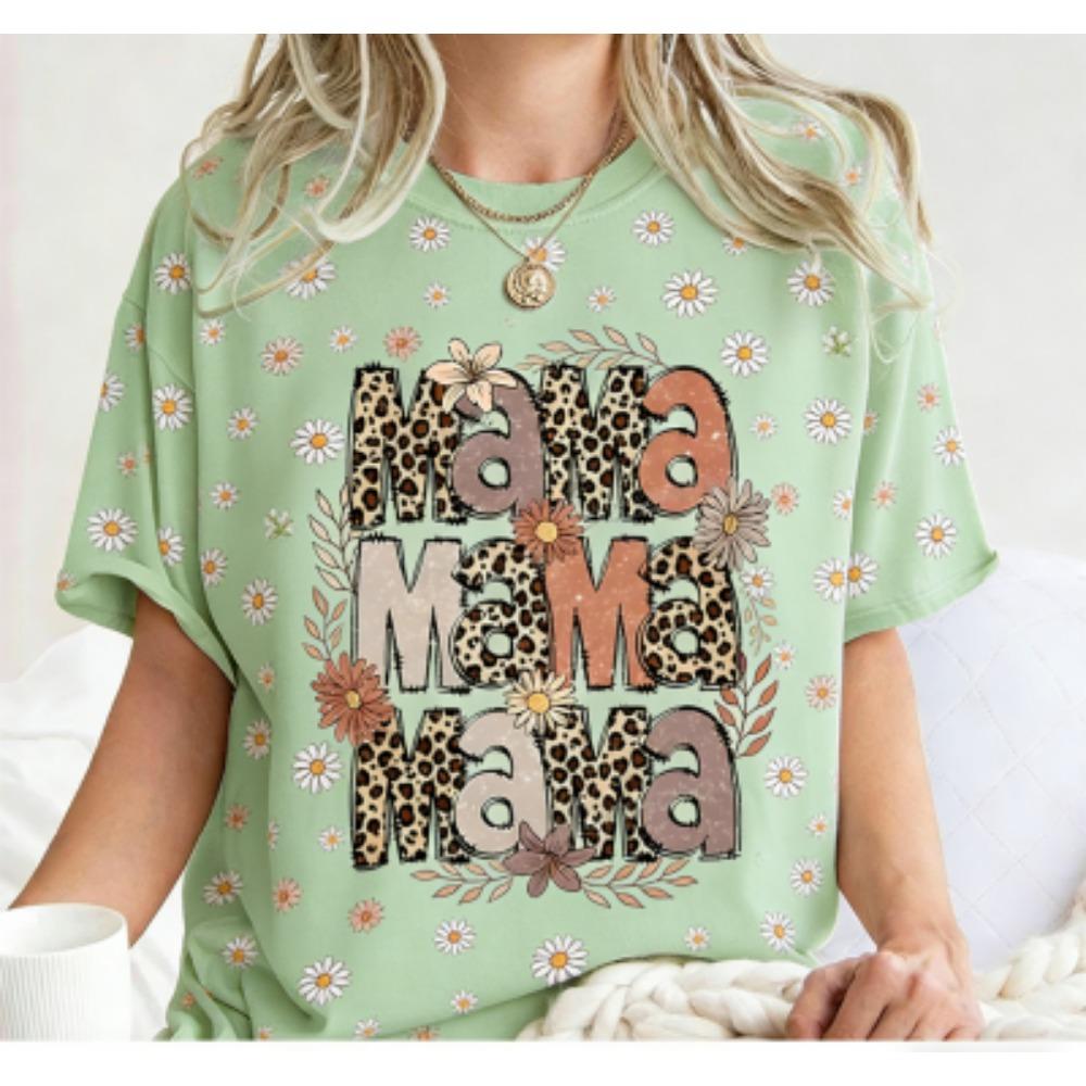 Fashion Funny Striped Flower Leopard Mama Letter Print Kids Short Sleeves T-Shirt Loose Casual Summer Outdoor Street Boy and Girl Tees Tops