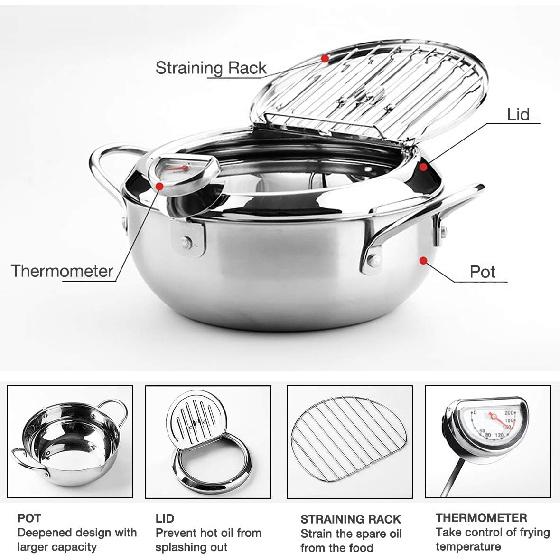 Tempura Fry Pot, Stainless Steel Tempura Deep Fryer with Thermometer, 8 Inches, Mini Size Perfect for 2-3 People