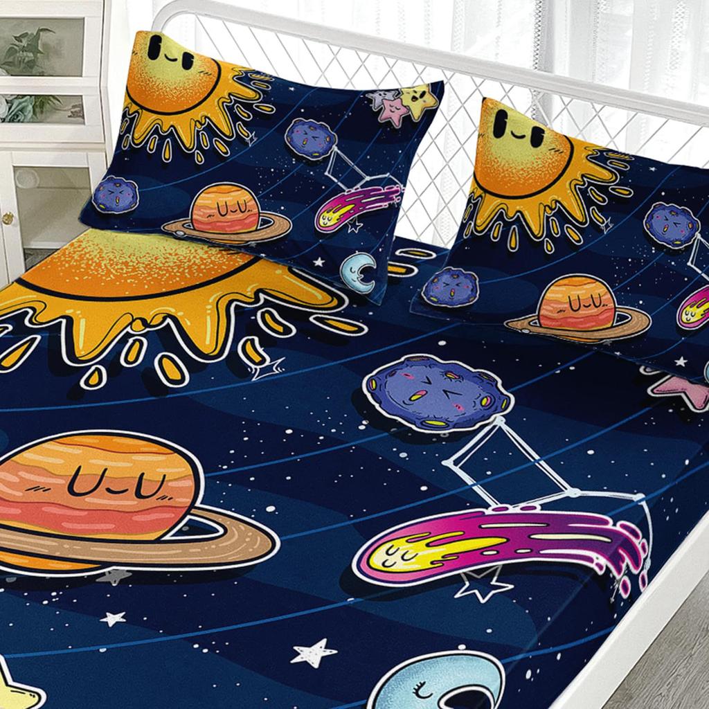 Cartoon Universe Pattern Bed Hat Three-Piece Digital Printing Bedding Bed Hat Three-Piece Set Children Adult