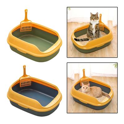 Cat Litter Box Open Top Plastic Pet Semi-Closed Litter Detachable Rim Toilet W/ Shovel Box Container