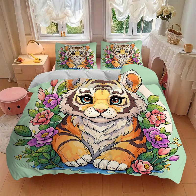 3pcs Cute Tiger Quilt Cover Set (1 Quilt Cover + 2 Pillowcases Without Pillow Core), High-Definition Printing for Home and Dormitory.L031