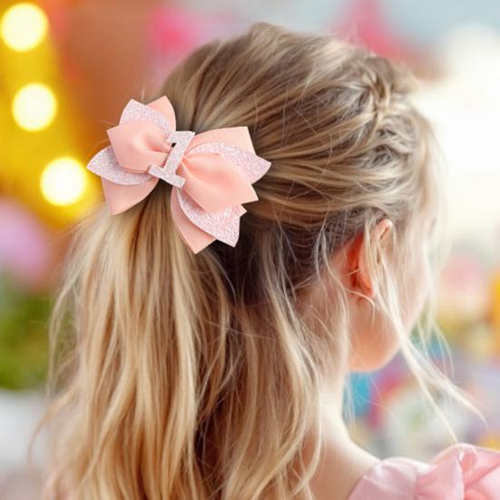 Pink Birthday Hair Bow for Baby 1-6 Years Glitter Sequin Party Hairpin Satin Ribbon Bow with Elastic Tie & Metal Clip Sparkling Number Hair Accessory