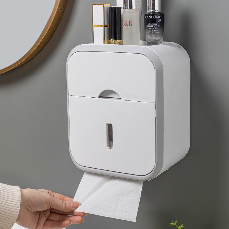 Wall-Mounted Waterproof Toilet Paper Holder & Storage Rack, Punch-Free Installation.