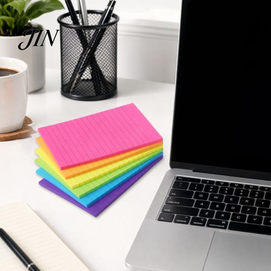 Reminder Stick Notes 6 Pcs Lined Notes, 6x4in Ruled Self-Stick Pads, 45 Sheets/Pad Colorful Fluorescent Adhesive Sticking Memo Pads for To Do