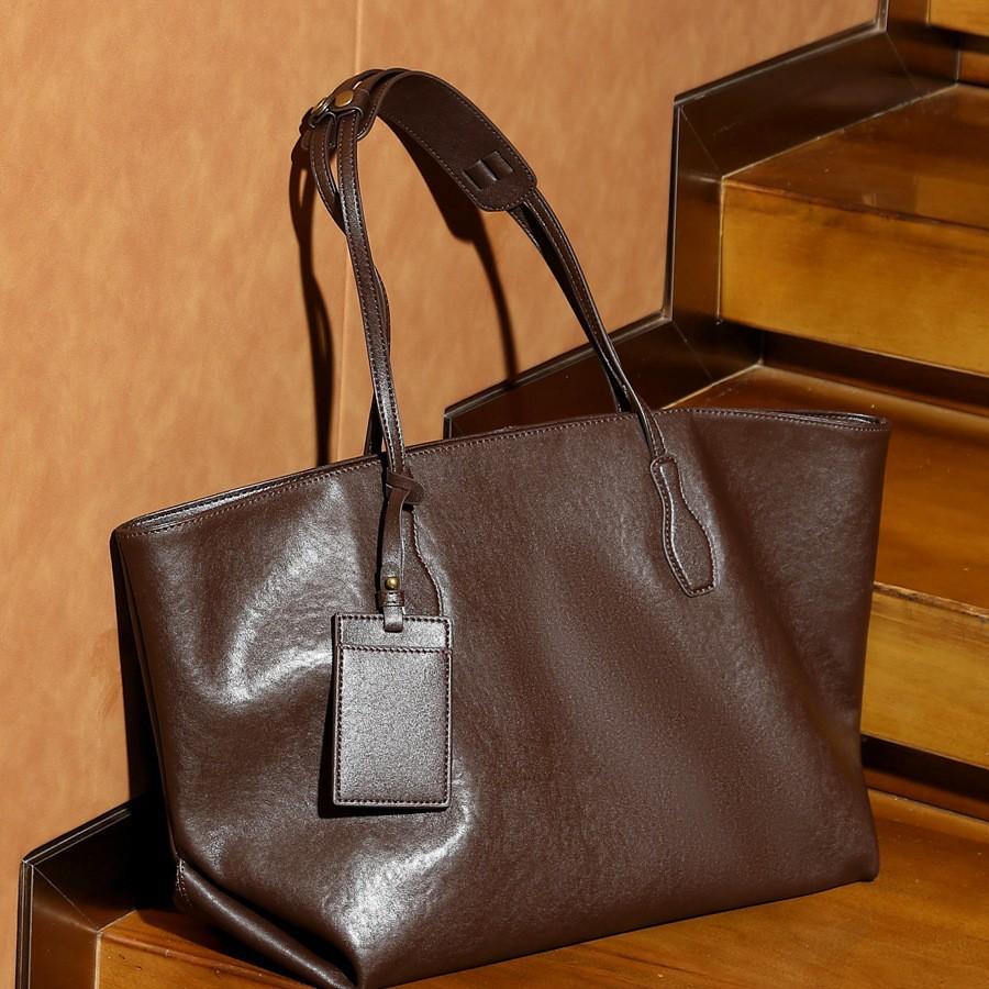 Top Layer Vegetable Tanned Leather Large Capacity Tote Bag Women'S Premium Texture Commuter Shoulder Bag Large Bag