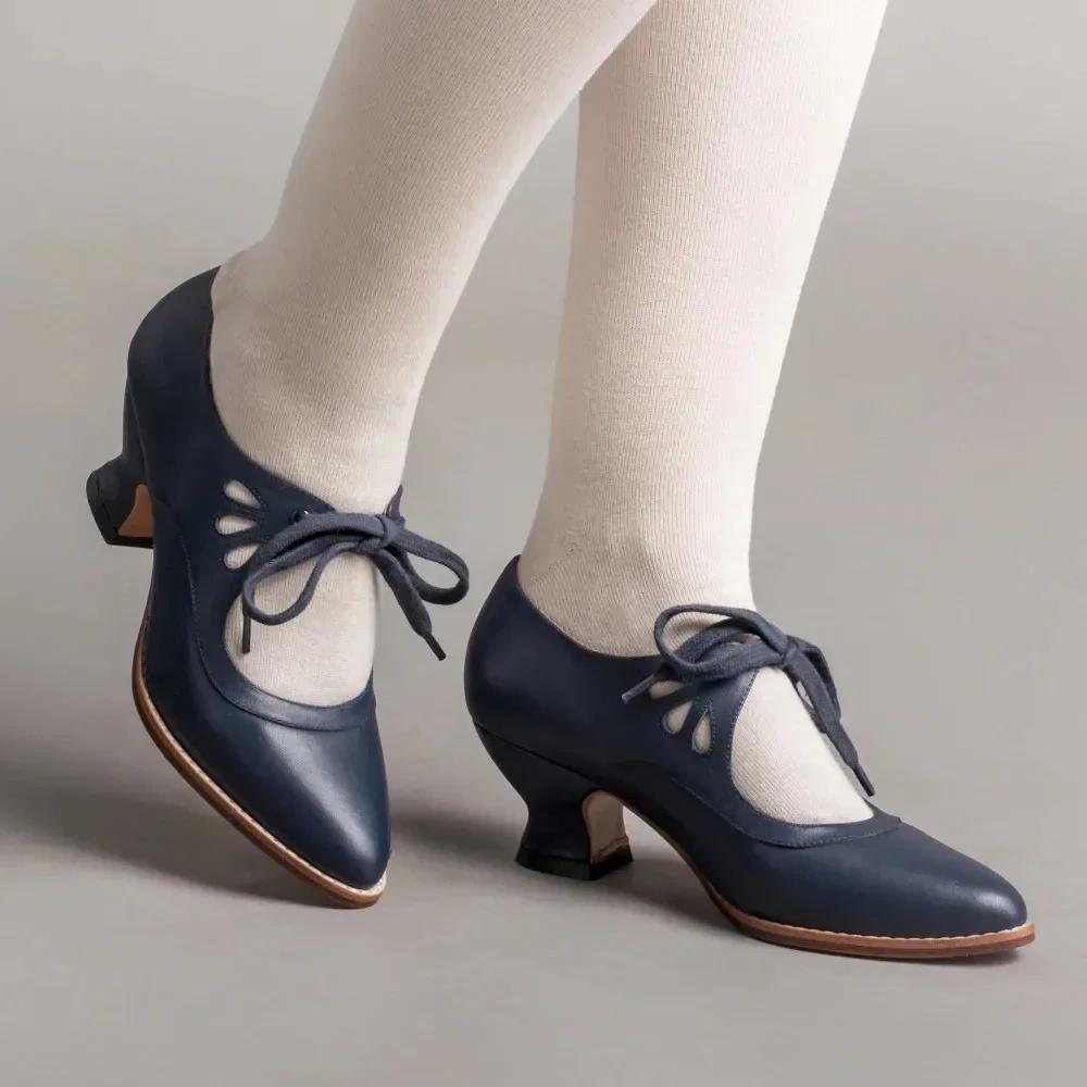 Fashion Retro Mary Jane Pumps Woman Vintage Lace Up Low Heel Dress Zapatos Ladies Brand Design Butterfly Wing Derby Shoes Plus Size 43