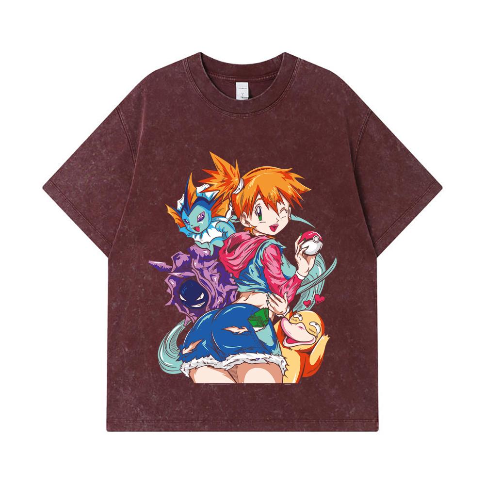 275 GSM Washed T-shirts 100% Cotton Pokemon V17 Misty Print Unisex Heavy Cotton T Shirt