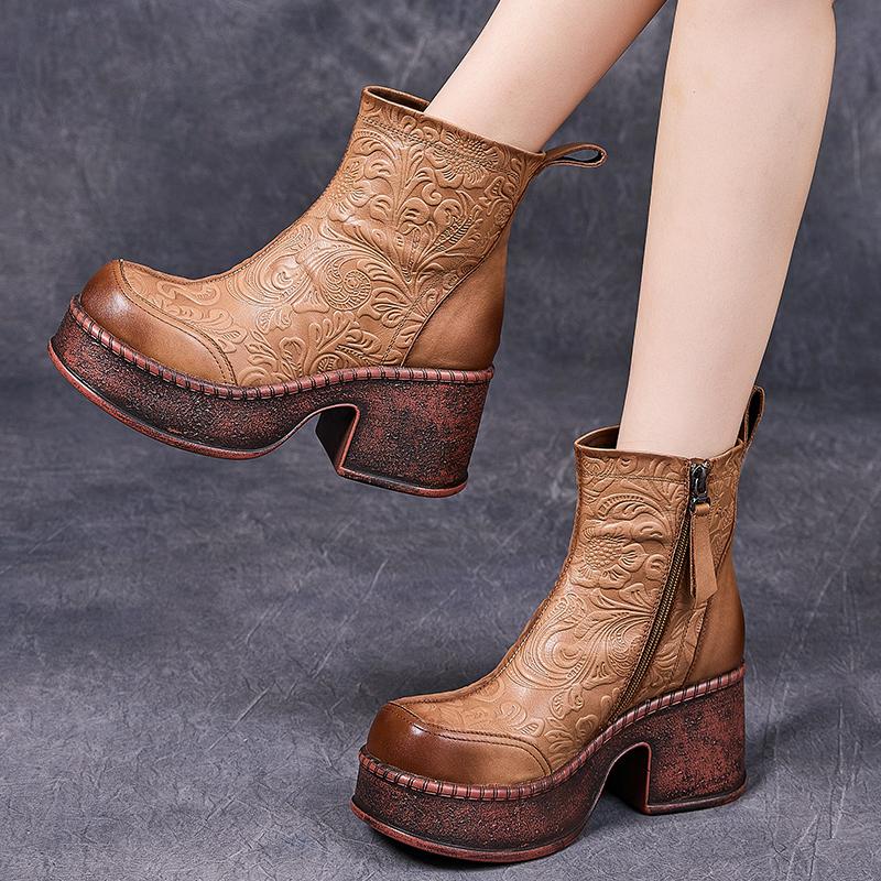 Fashion GKTINOO Women Motorcycle Boots Genuine Leather 2025 New Zip Round Toe Women Shoes Sewing Handmade Retro Platform Short Boots
