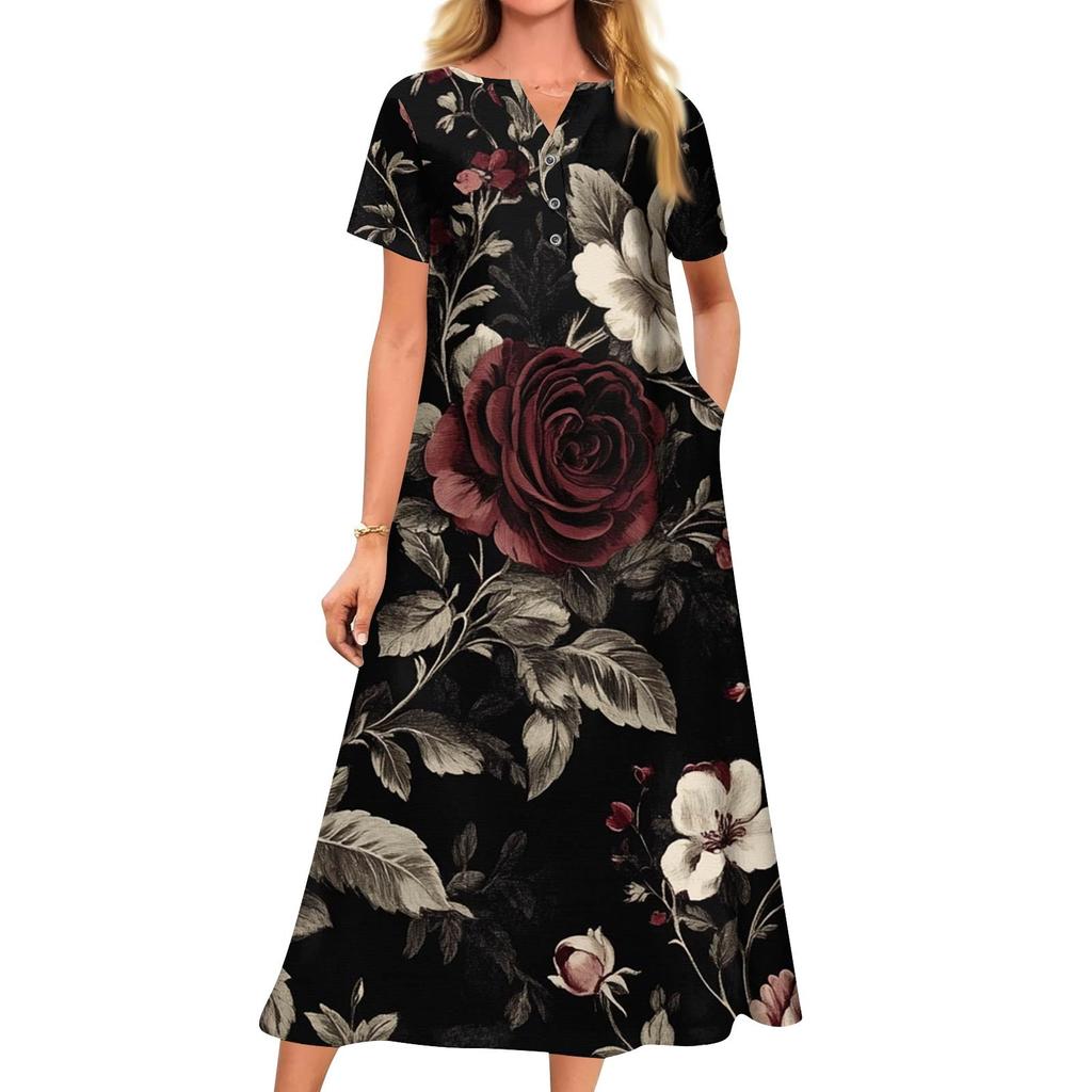 Abito scampanato a maniche corte con scollo a V stampato casual estivo da donna