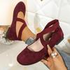 French Retro Red Suede Ballet Flats Women Spring Cross Strap Flat Heel Red Velvet Mary Jane Shoes Women's Loafers