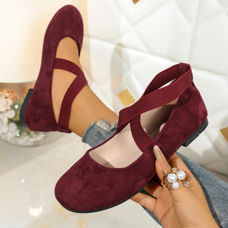 French Retro Red Suede Ballet Flats Women Spring Cross Strap Flat Heel Red Velvet Mary Jane Shoes Women's Loafers