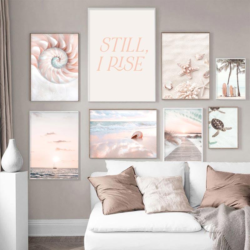 Beach Sea Wave Bridge Starfish Shell Reed Pink Wall Art Canvas Painting Nordic Posters And Prints Picture Living Room Home Decor