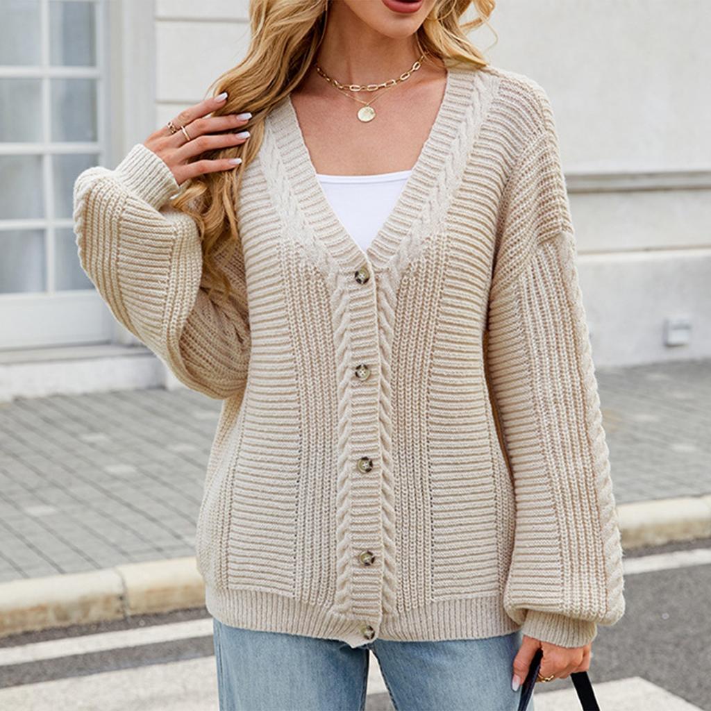 Women's Fashion Solid Color Long Sleeved V-neck Knitted Sweater Cardigan Jacket