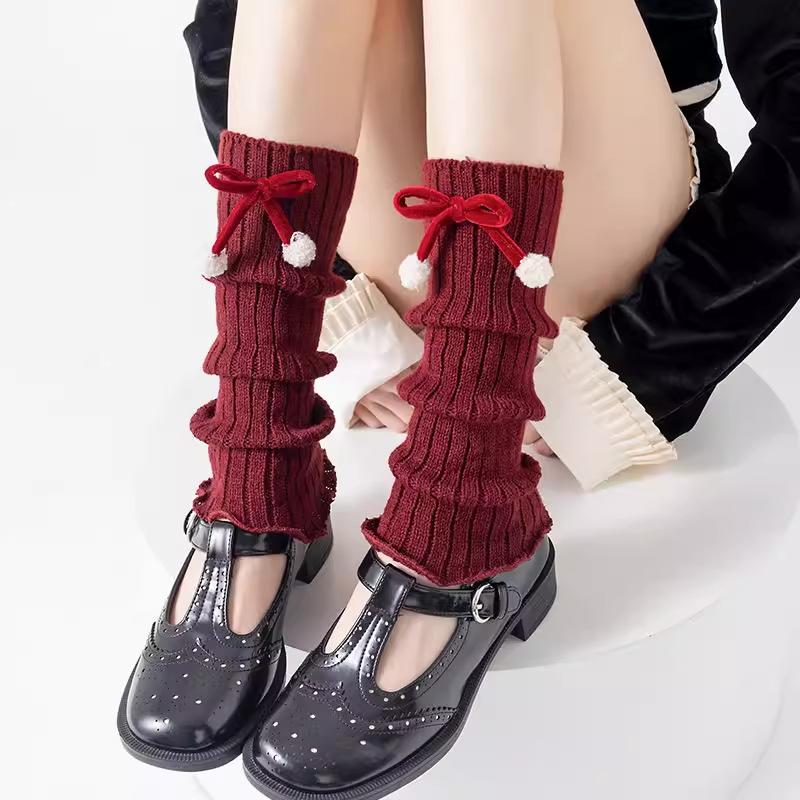 New Year'S Mori Bow Socks Cover Natal Year Red Sweet Love Hairball Stacking Socks Cover Thickened Leg Warmer