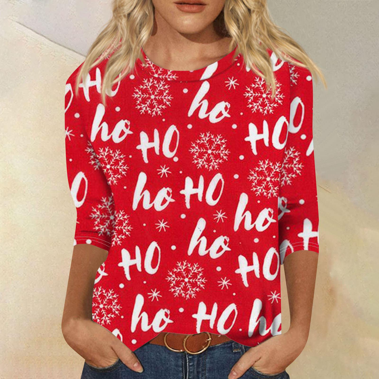 

Женская мода повседневная рубашка с круглым вырезом и рождественским принтом, семь рукавов M красный