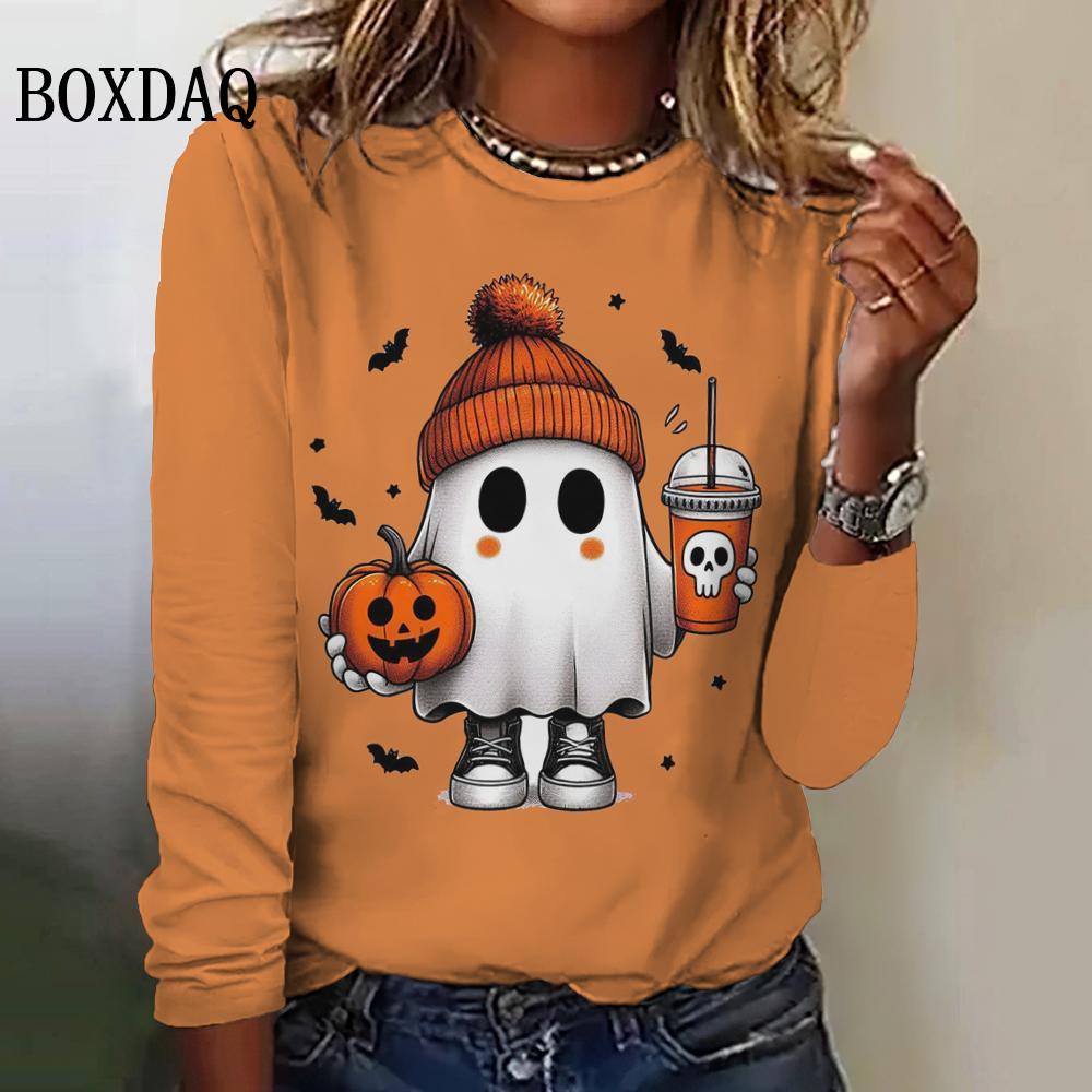 Cute Cartoon Women's Long Sleeved T-Shirts Halloween Ghost Round-Neck Loose Clothing Fashions Festival Casual Ladies Shirts Tops