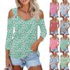 Damen Casual Shirt Bluse Print V-Ausschnitt Sexy Cold Shoulder 3/4 Ärmel Top