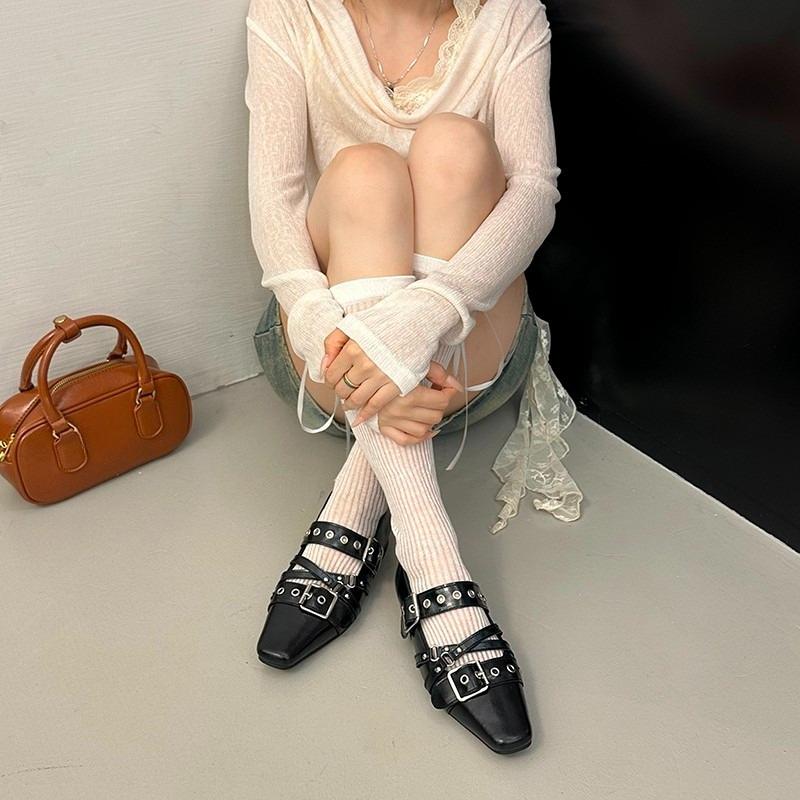 Square Toe Shallow Mouth Block Heel Single Shoes Fashion Studded Metal Buckle Soft Sole Low Top Shoes