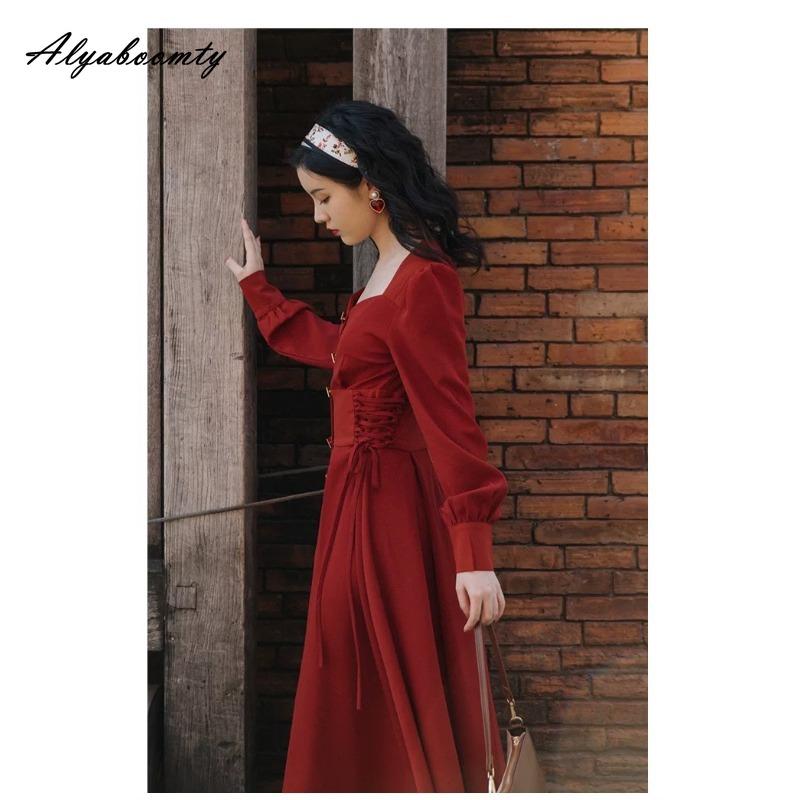 England Style Autumn Spring Women Split Midi Dress Square Collar Buttons Bandage Elegant Dress Retro Ladies' Feminine Chic Dress