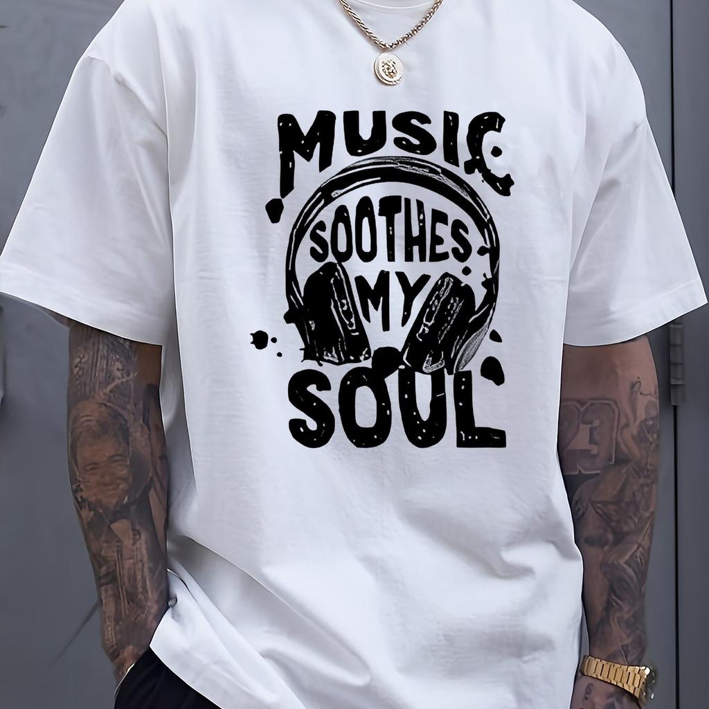 Men's Summer 100% Cotton Fashionable Casual Loose Music Soothing My Soul Pattern Printed Sports Round Neck Short Sleeve T-shirt