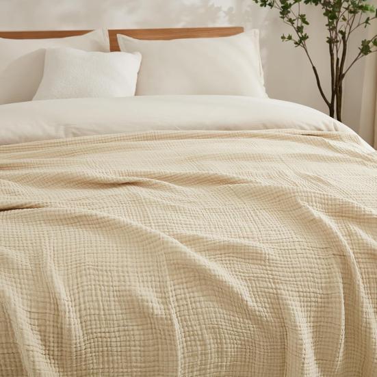 Muslinkos Sommer Sofateppe Pustende Ensfarvet Muslinklede Koseteppe for Seng Sofa Reise Feriebruk