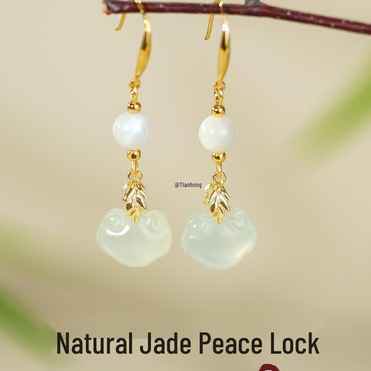 Sterling Silver Jade Earrings: Ancient-Inspired Women's Qipao Accessories with Peace Lock Design