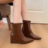 Pu Leather Women's Brown Short Boots Wedges High Heel Pointed Toe Modern Boots for Women Luxury Party Footwear Fashion Botines