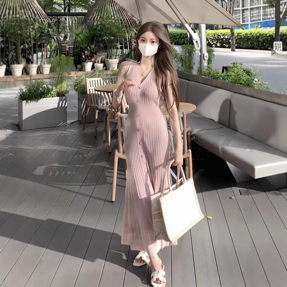 Elegant Ice Silk Sleeveless Tank Dress with Waist-Hugging Fit for Women