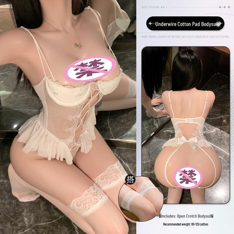 Man Yan New Year Battle Robe: Sexy See-Through Lace Spaghetti Strap Bodysuit with Open Crotch (9112)